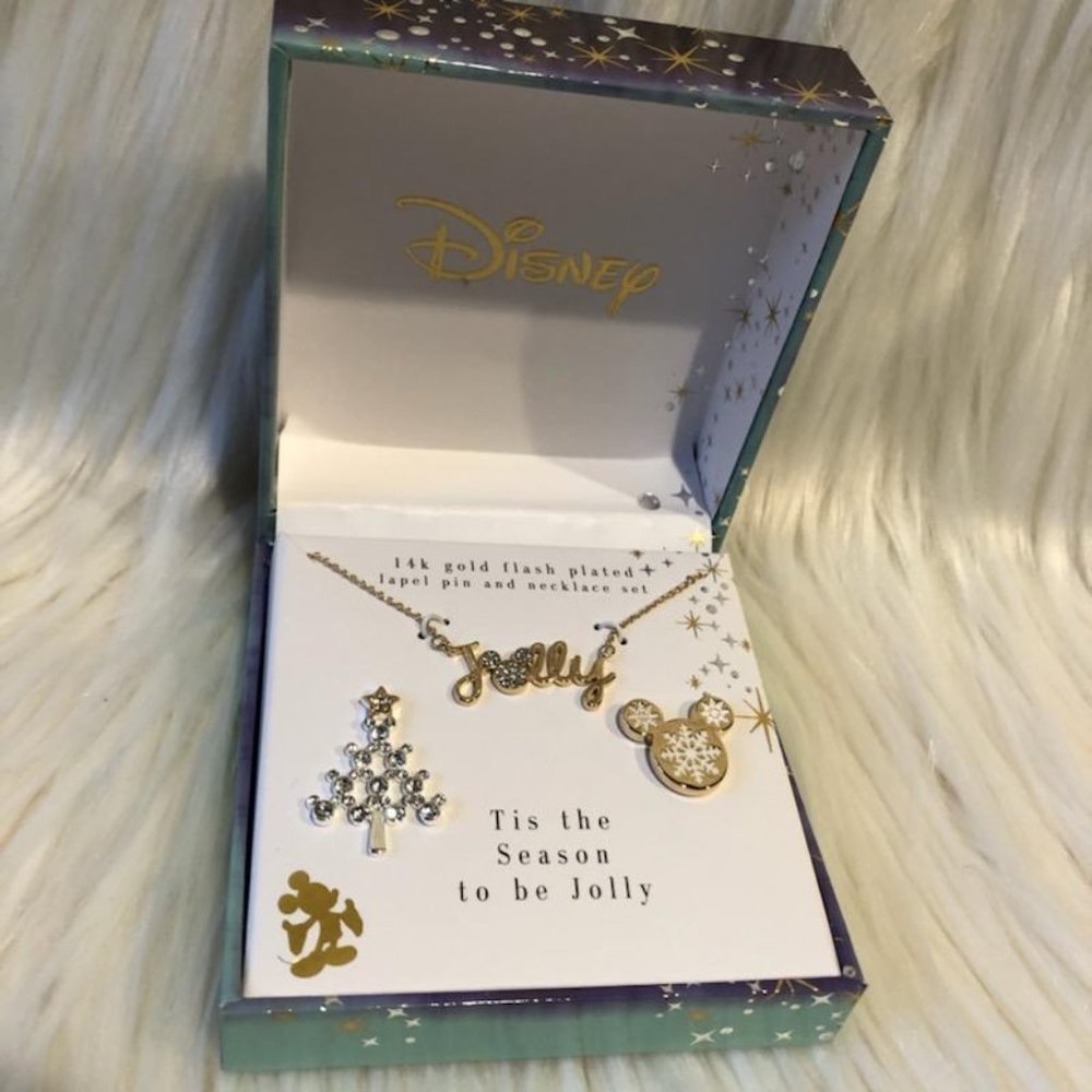 Disney Two-Tone Gold Minnie Mouse Crystal Pin & "Joy" Necklace Set